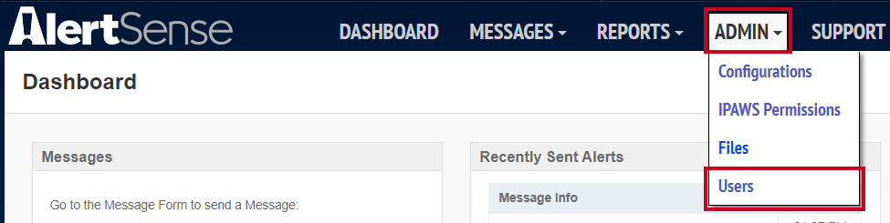 The Admin tab and dropdown menu within the Dashboard header with the Users option highlighted.