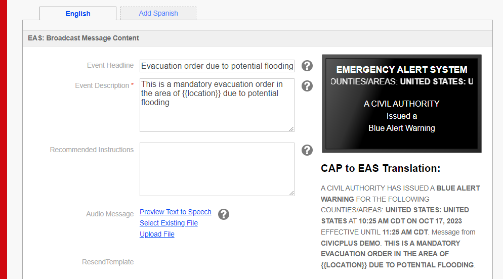 Emergency Alert System fields.
