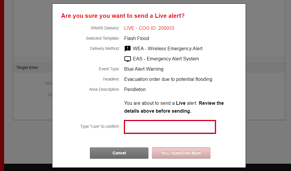 Type Live to Confirm field.