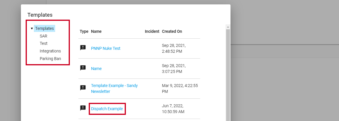 Template category options.